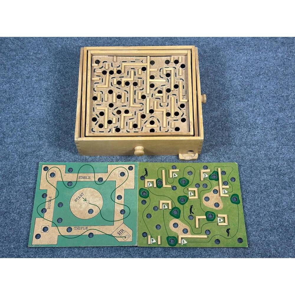 Vintage Pavilion Deluxe Wood Labyrinth 3 In 1 Board Game Golf Baseball‎